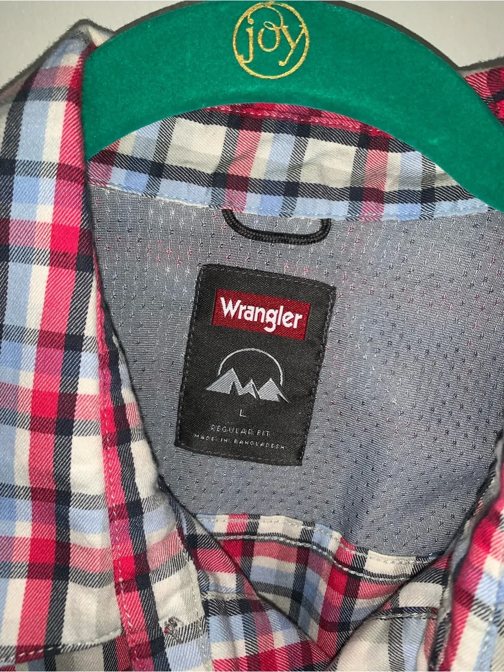 Wrangler Men’s Short-Sleeve Plaid Button-Down Shirt in Red, White, Blue